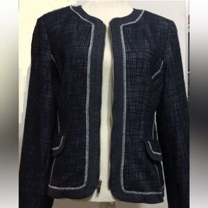 Jones New York Tweed Zipper Dark Blue Blazer with White Trim